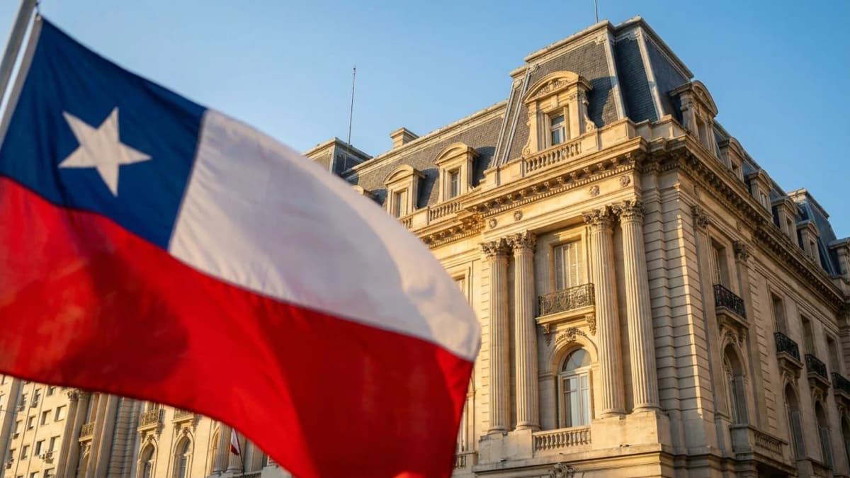 Bandera de Chile flameando frente a una sede diplomática, símbolo de la inteligencia artificial para pymes en Chile