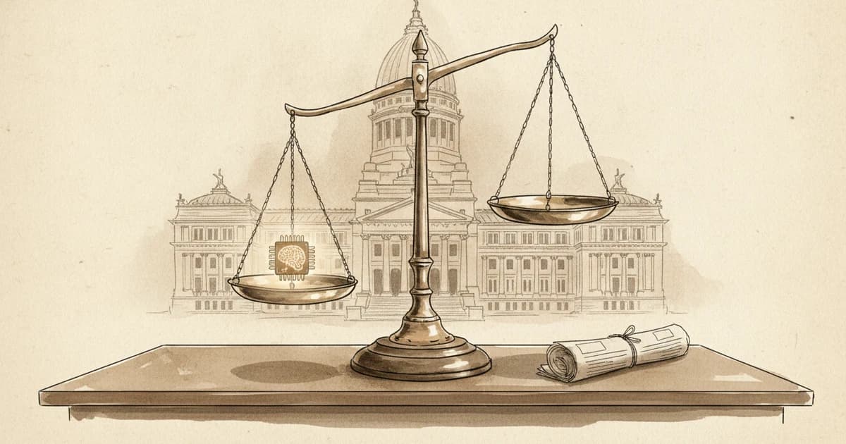 Ilustración editorial sepia estilo diario: balanza de la justicia junto a un chip de IA sobre un escritorio con el Congreso argentino de fondo — IA sin regular en Argentina para pymes