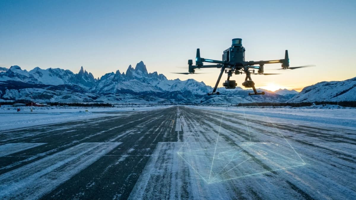 Dron con inteligencia artificial sobrevolando una pista nevada de un aeropuerto patagónico durante el Operativo Nieve de Aeropuertos Argentina