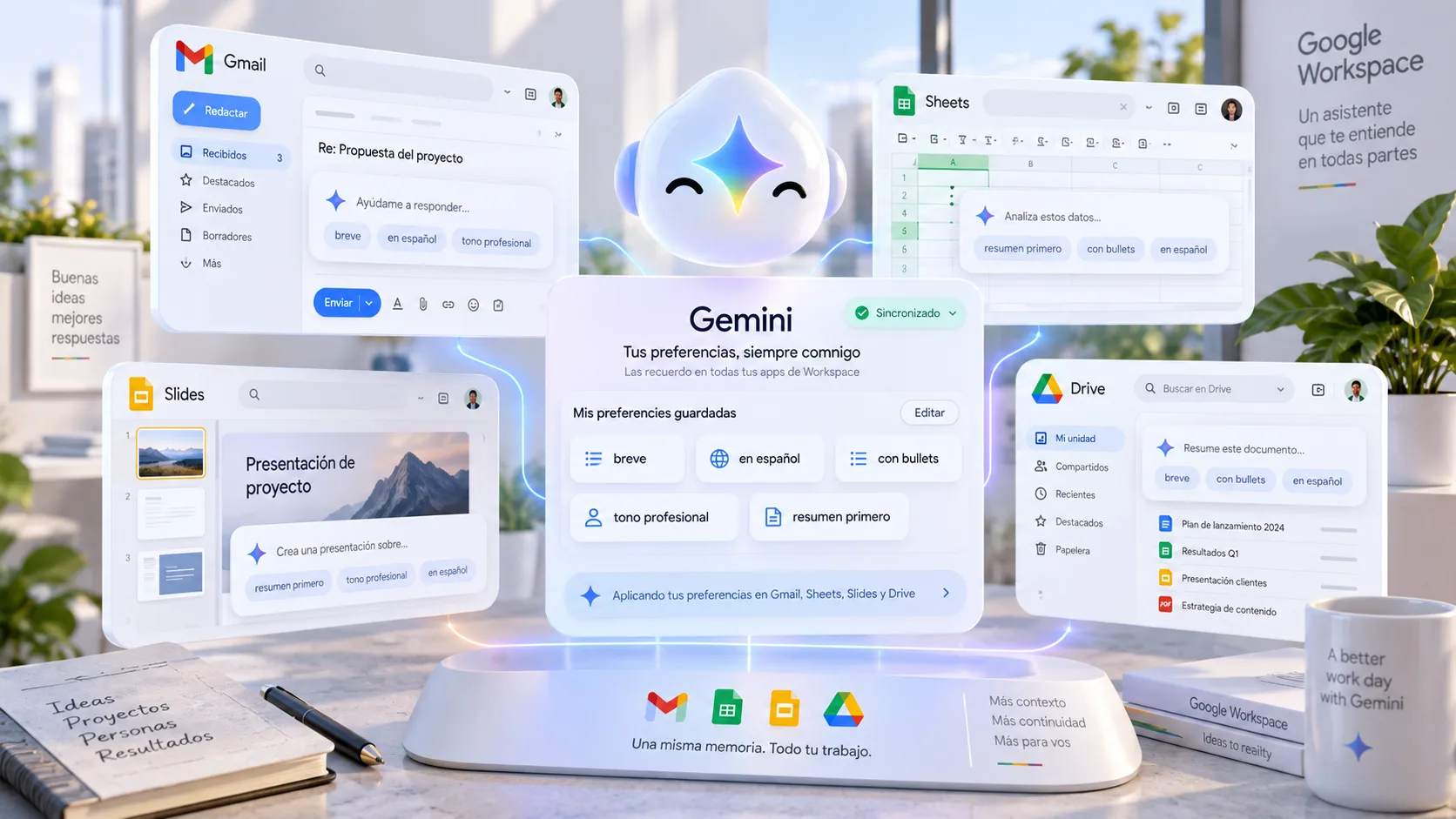 Panel lateral de Gemini en Gmail, Sheets y Slides respondiendo con el mismo tono y formato gracias a las instrucciones personalizadas configuradas una sola vez