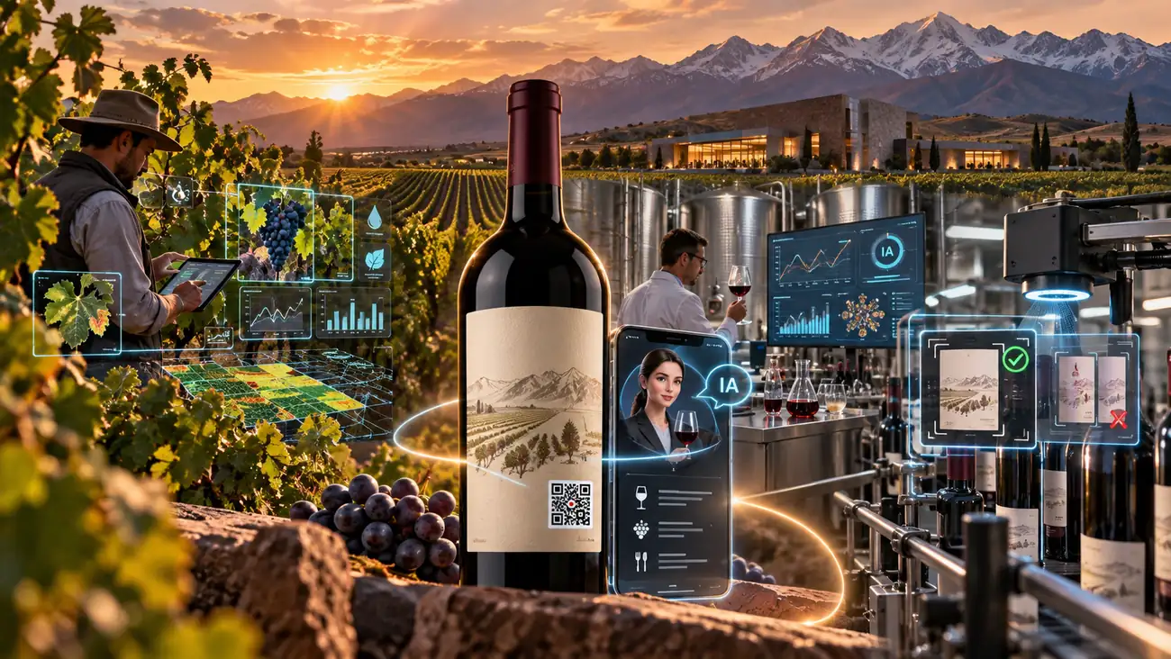 Una botella de vino con QR frente a viñedos y la cordillera, un agrónomo con una tablet, un enólogo en la bodega, un asistente con IA en el celular y una línea de etiquetado con control por visión artificial