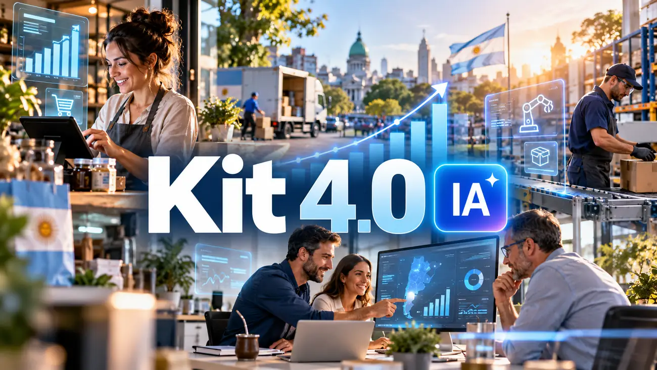 Portada con el texto «Kit 4.0 IA»: una comerciante en su caja, un operario de depósito y un equipo mirando un tablero con el mapa de Argentina, con el Congreso de fondo