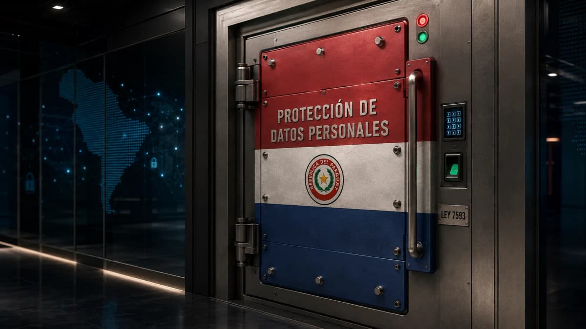 Una carpeta de datos personales protegida junto al Palacio de López en Asunción, símbolo de la Ley 7593 de protección de datos personales de Paraguay y su impacto en el uso de inteligencia artificial en empresas
