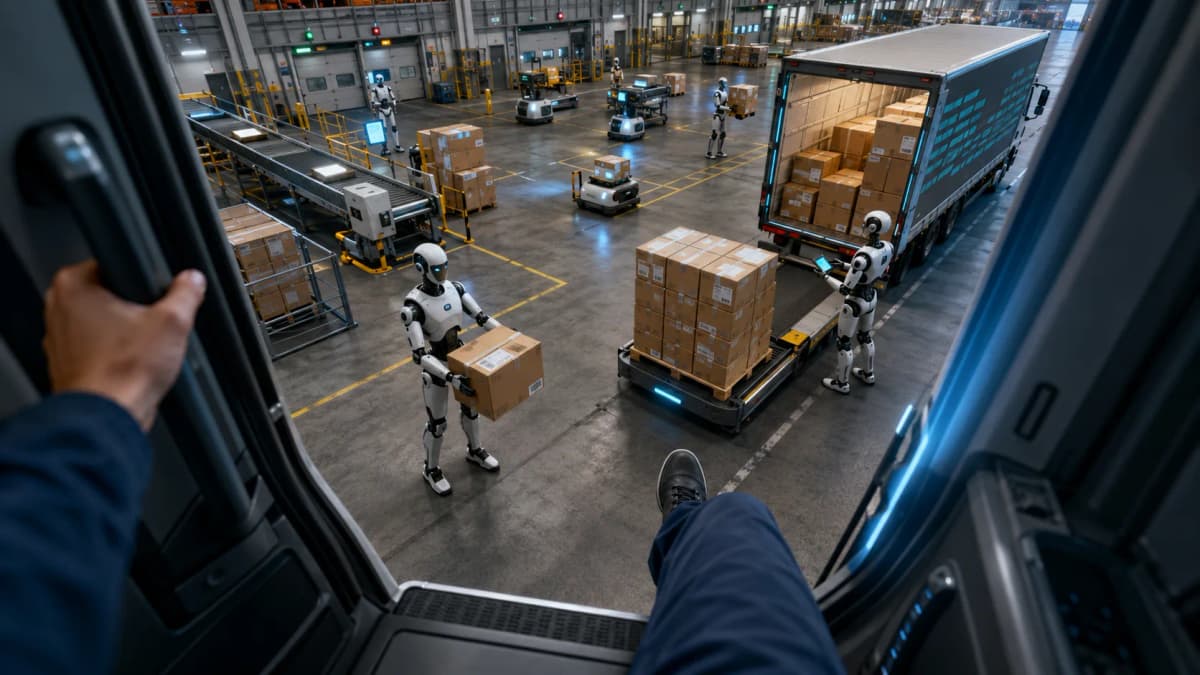 Depósito logístico argentino con estanterías, autoelevadores y una capa de datos de inteligencia artificial superpuesta, ilustrando la inversión en IA y automatización del sector para 2026