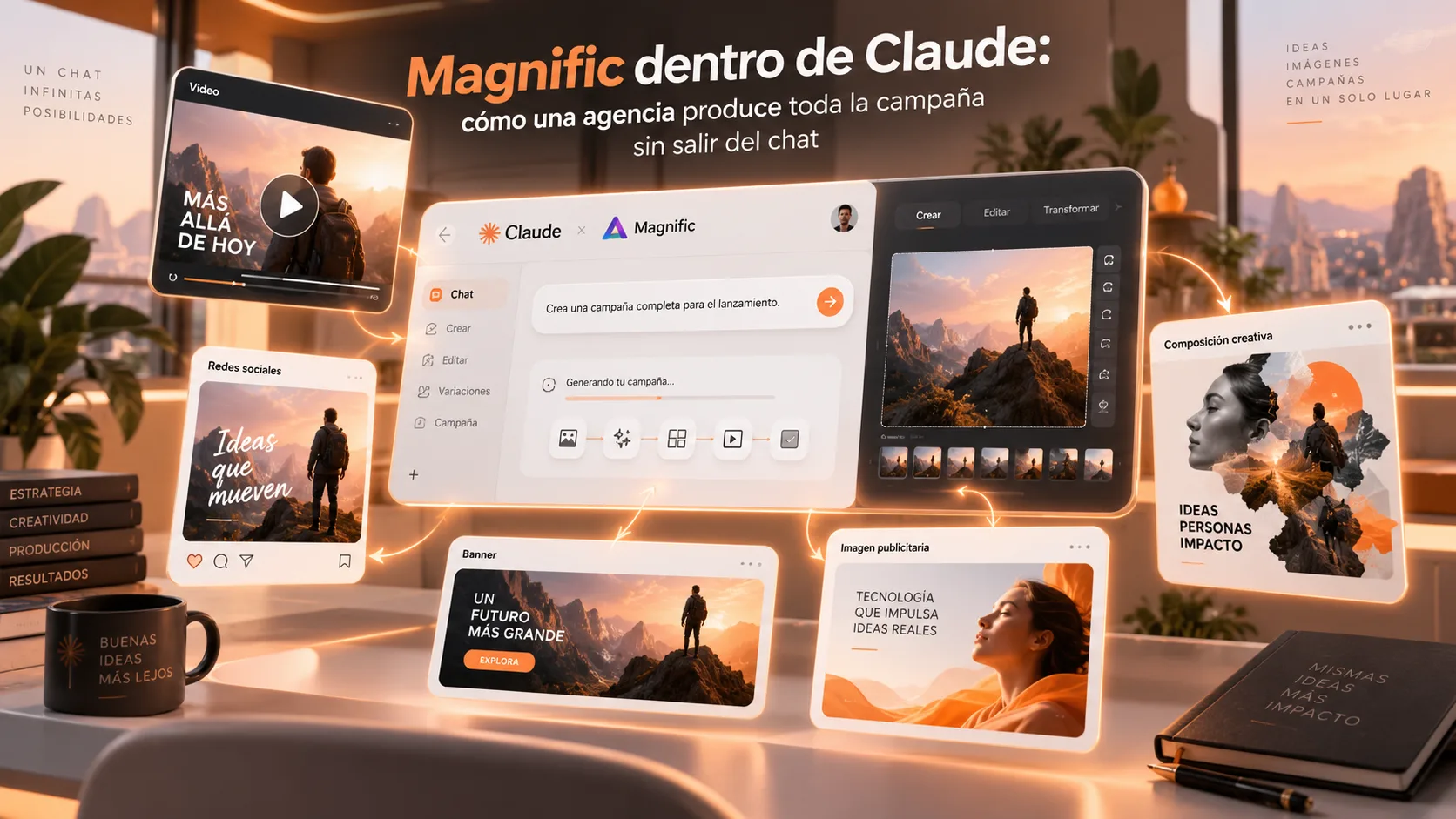 Interfaz de Claude conectada a Magnific produciendo una campaña completa desde una sola conversación: la pieza principal, sus variantes para redes sociales, el banner, la imagen publicitaria y el video
