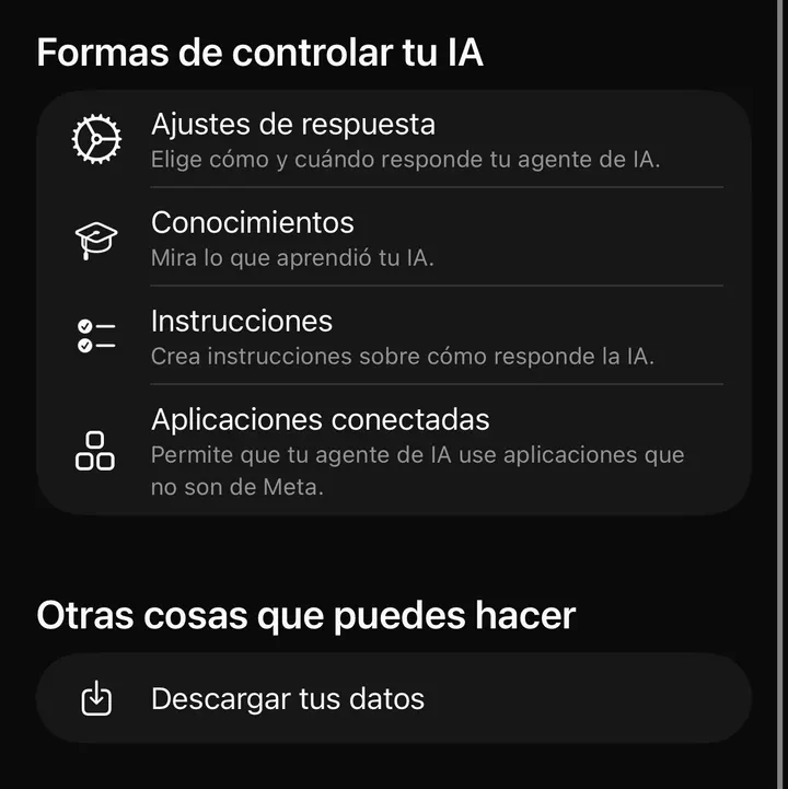 Pantalla Formas de controlar tu IA en WhatsApp Business con las opciones Ajustes de respuesta, Conocimientos, Instrucciones y Aplicaciones conectadas, y la opción Descargar tus datos