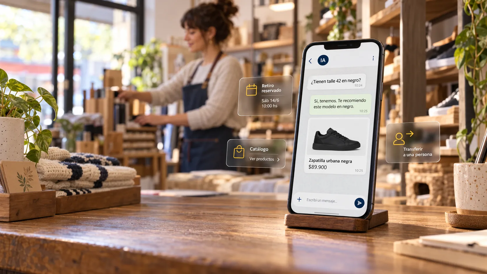 Teléfono sobre el mostrador de un local de ropa con una conversación de WhatsApp Business atendida por Meta Business Agent: recomienda una zapatilla del catálogo, reserva un retiro y ofrece transferir a una persona, mientras la dueña acomoda mercadería — por Diego Ceredi