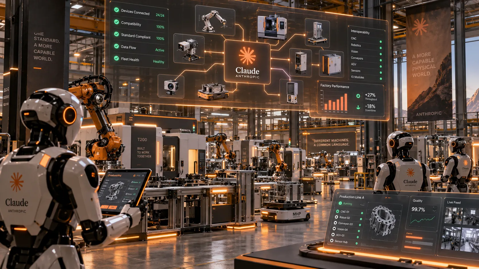 Brazo robótico y equipamiento de laboratorio conectados a un agente de IA mediante una interfaz estándar, ilustrando el Model Hardware Standard de Anthropic