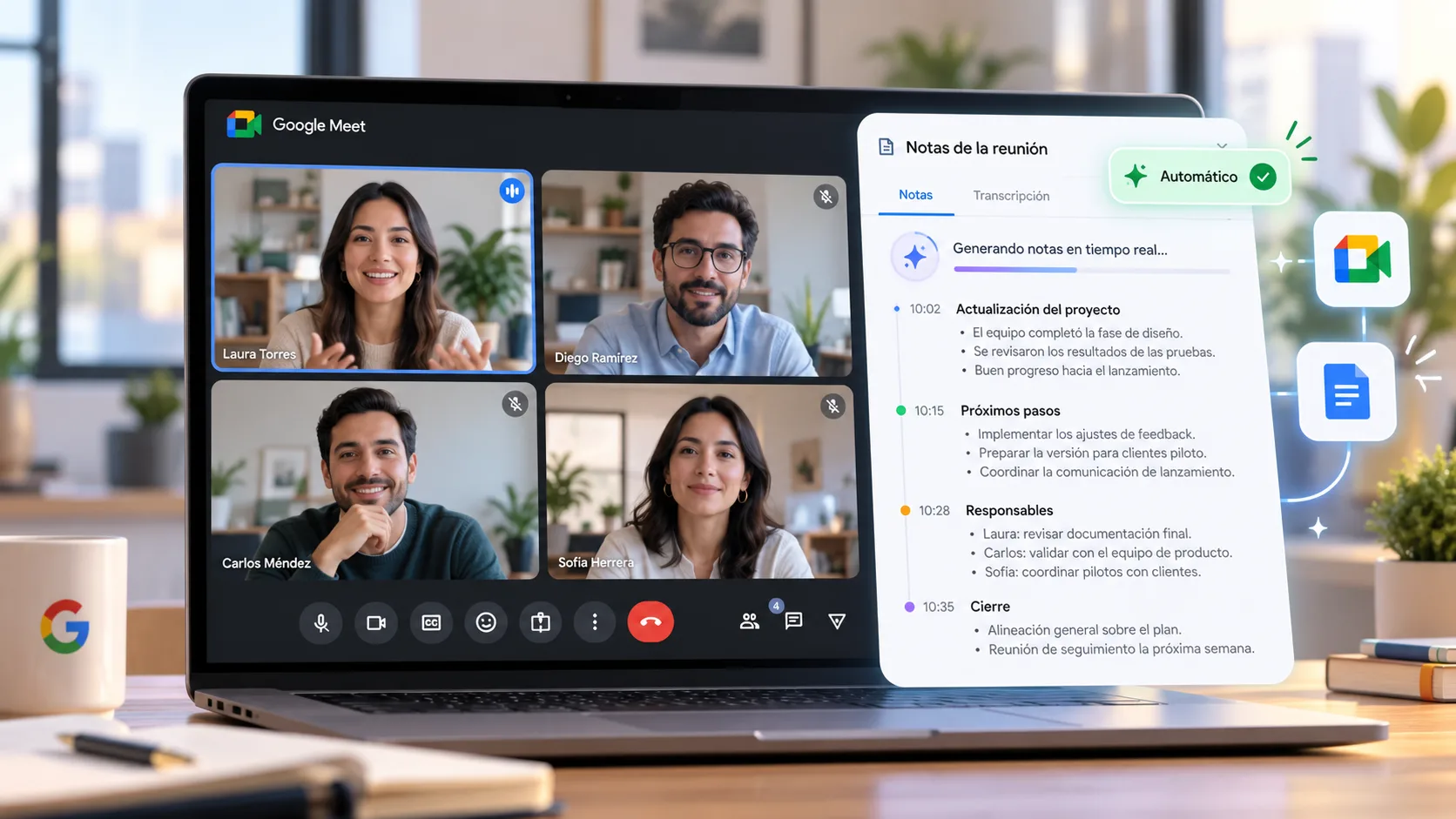 Una videollamada de Google Meet con cuatro participantes y, al costado, el panel «Notas de la reunión» marcado como «Automático» que genera en tiempo real la actualización del proyecto, los próximos pasos y los responsables — notas automáticas de Google Meet, por Diego Ceredi