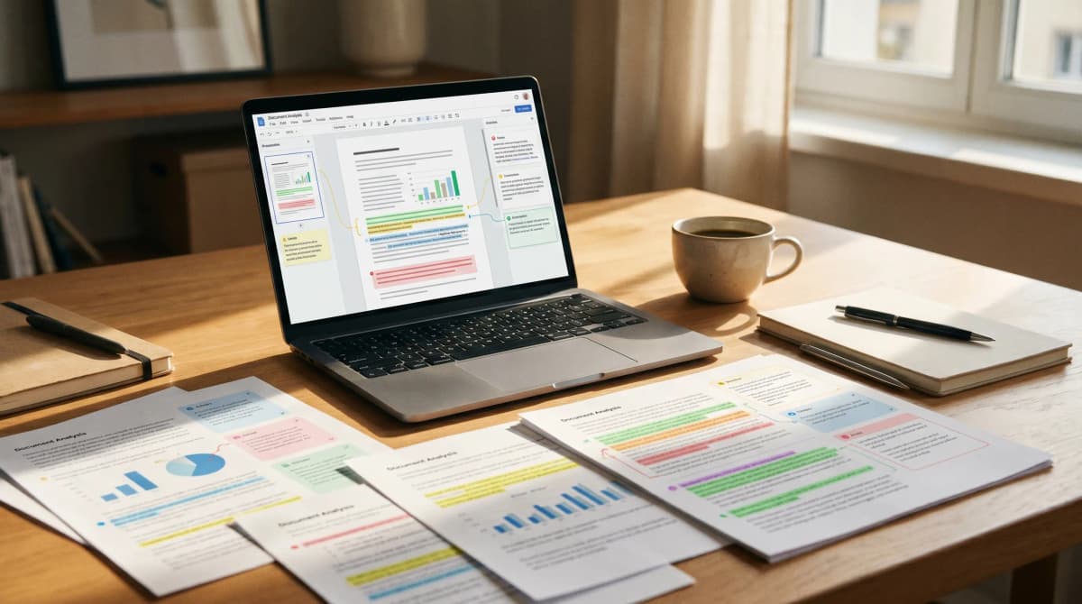 Laptop con documentos abiertos y anotaciones de IA en los márgenes — NotebookLM para empresas