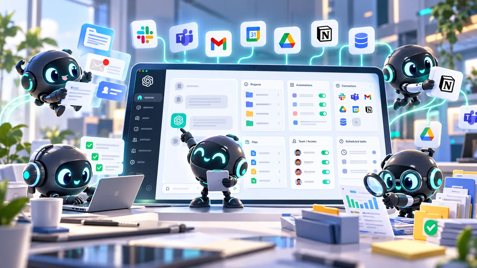Pequeños agentes de IA trabajando alrededor de un panel de ChatGPT conectado a Slack, Microsoft Teams, Gmail, Google Calendar, Google Drive y Notion, con tareas programadas y permisos del equipo — dots de OpenAI para empresas