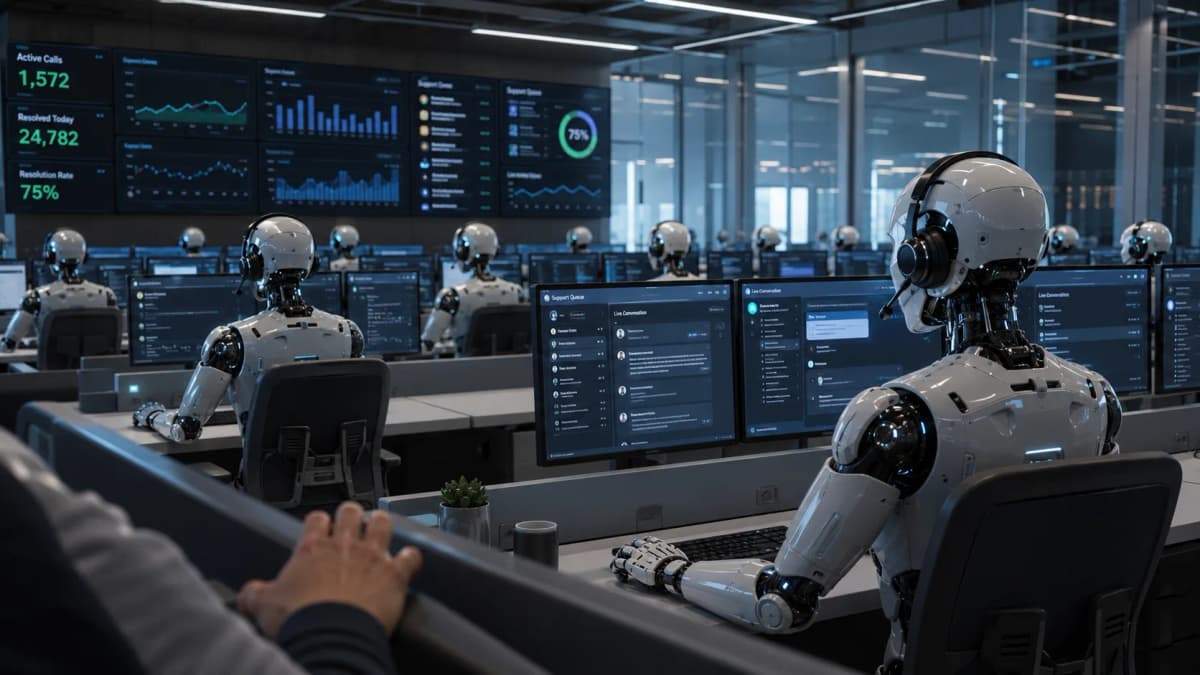 Agente de voz de IA atendiendo una línea de soporte al cliente sin intervención humana, ilustrando la plataforma OpenAI Presence para empresas
