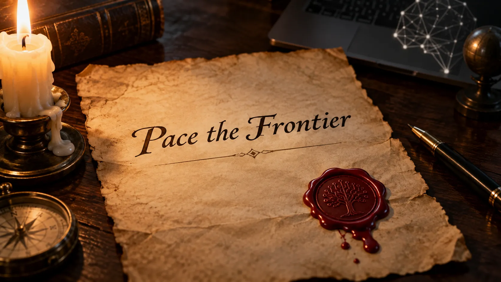 Pergamino con el título Pace the Frontier y un sello de lacre con un árbol de circuitos, junto a una vela, una brújula y una notebook con una red neuronal: el pacto de Anthropic para frenar el ritmo de la IA