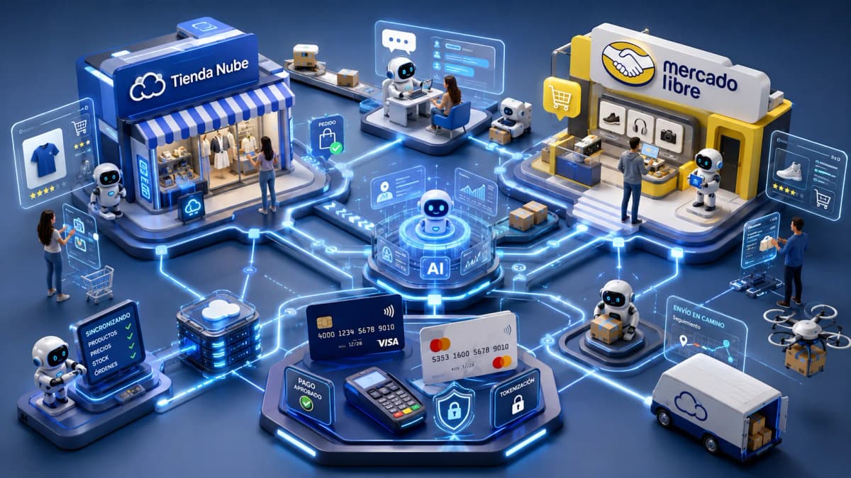 Un agente de IA comparando precios y completando una compra tokenizada en una tienda de Mercado Libre y Tiendanube sin intervención humana — pagos agénticos en Argentina