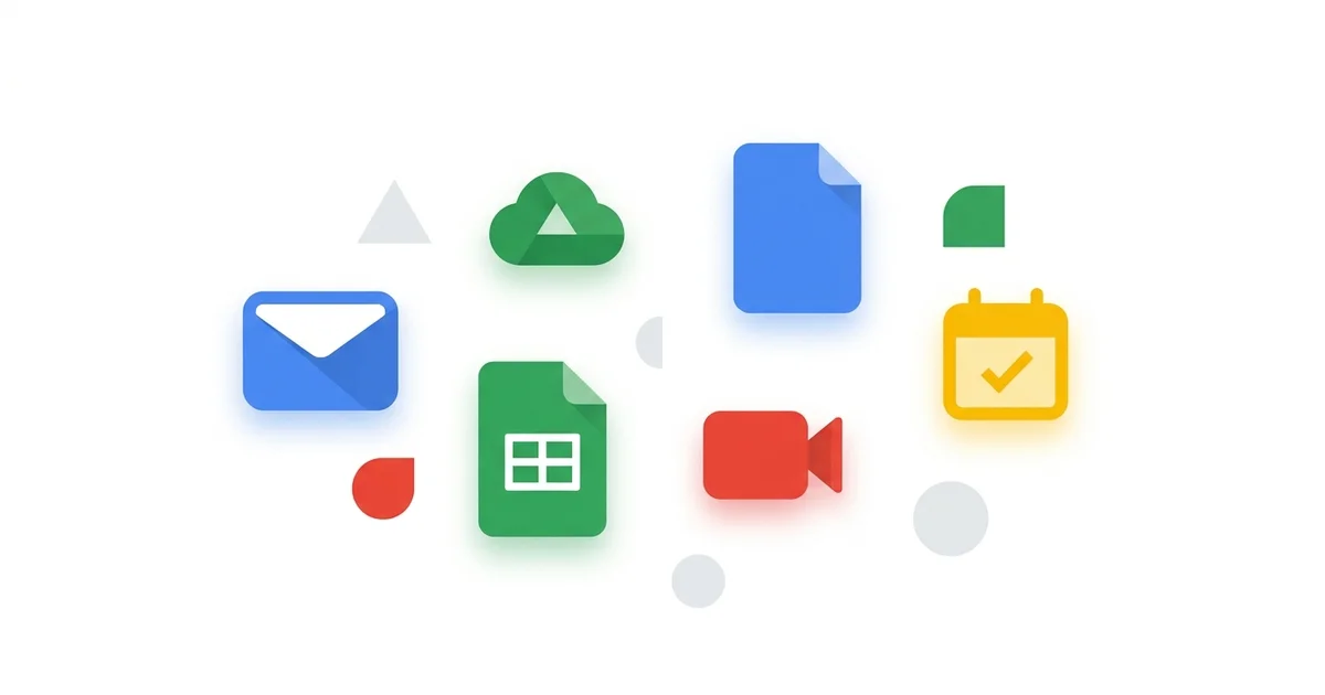 Ilustración editorial de un sobre de correo con un candado y el ecosistema de apps de Google Workspace alrededor — portada de por qué tu empresa necesita Google Workspace