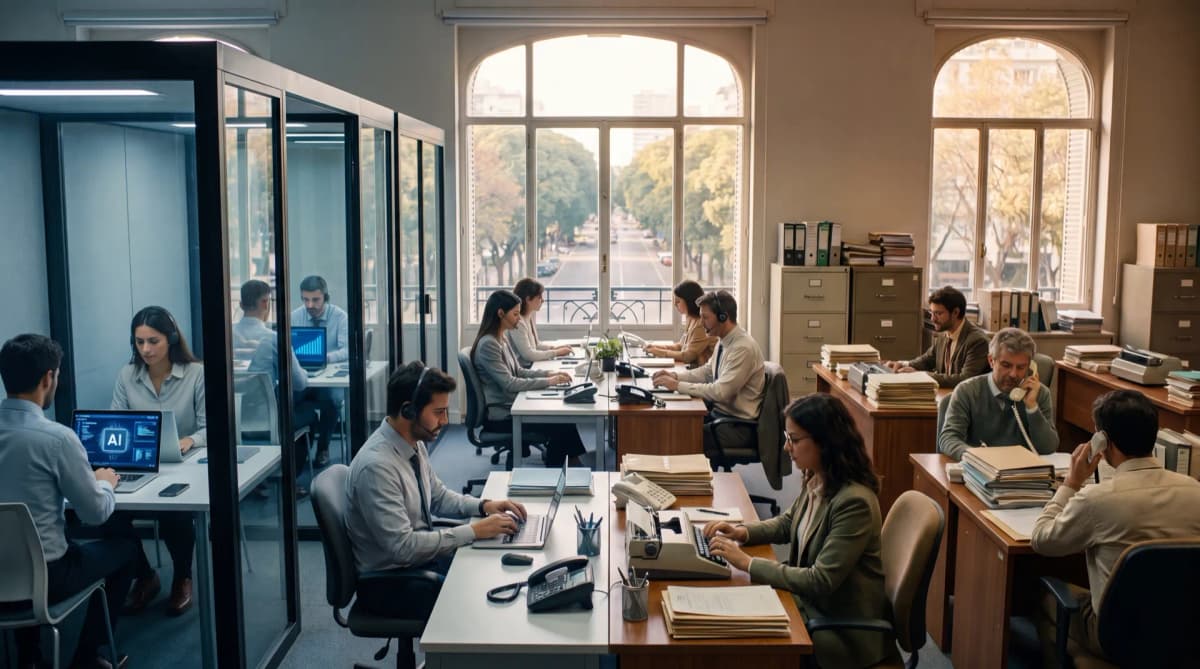 Oficina corporativa argentina con equipos trabajando de forma desarticulada con herramientas de IA — brecha cultural