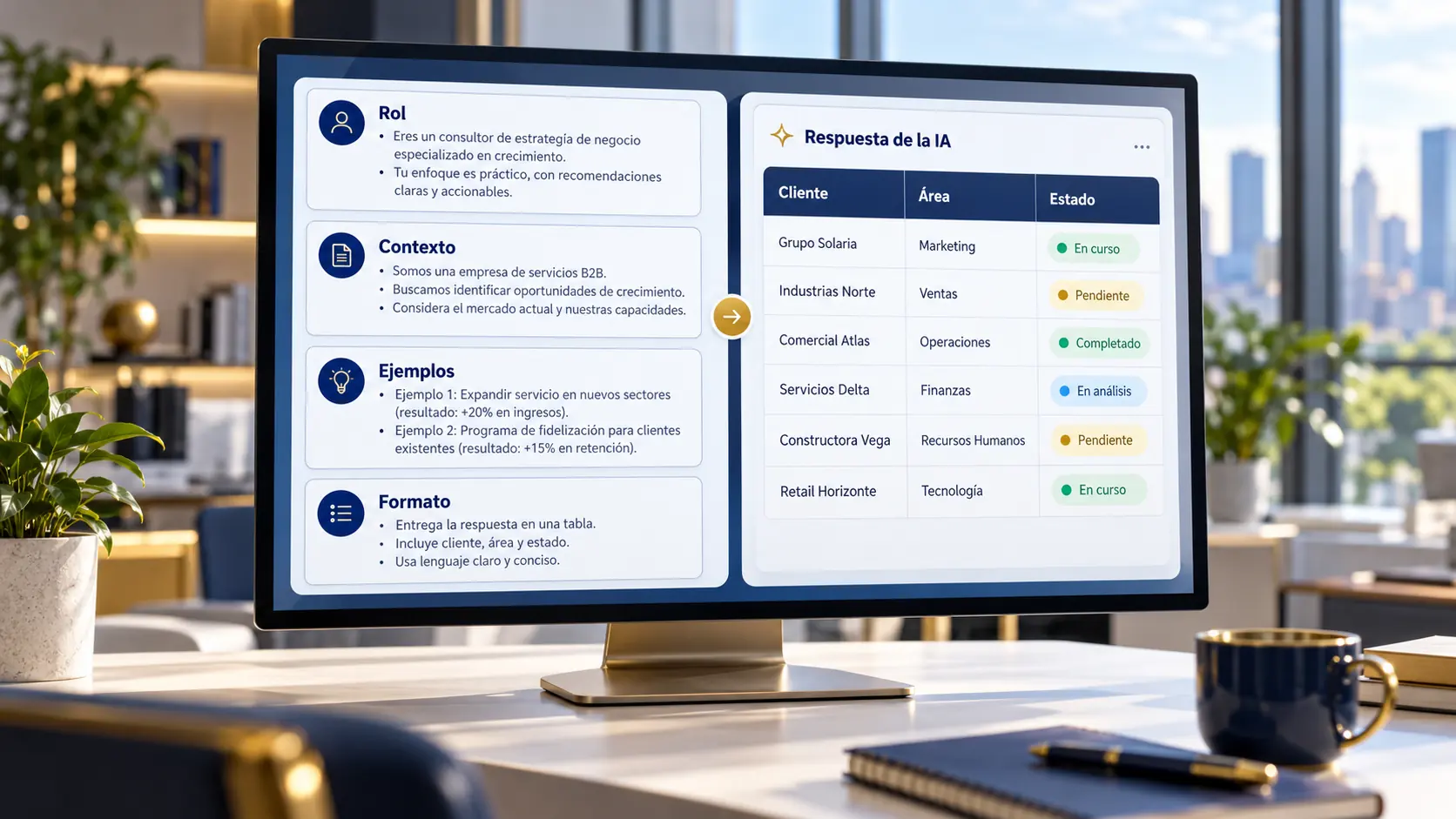 Pantalla con un prompt de empresa estructurado en cuatro bloques (rol, contexto, ejemplos, formato) y, al lado, la respuesta de la IA en una tabla — por Diego Ceredi