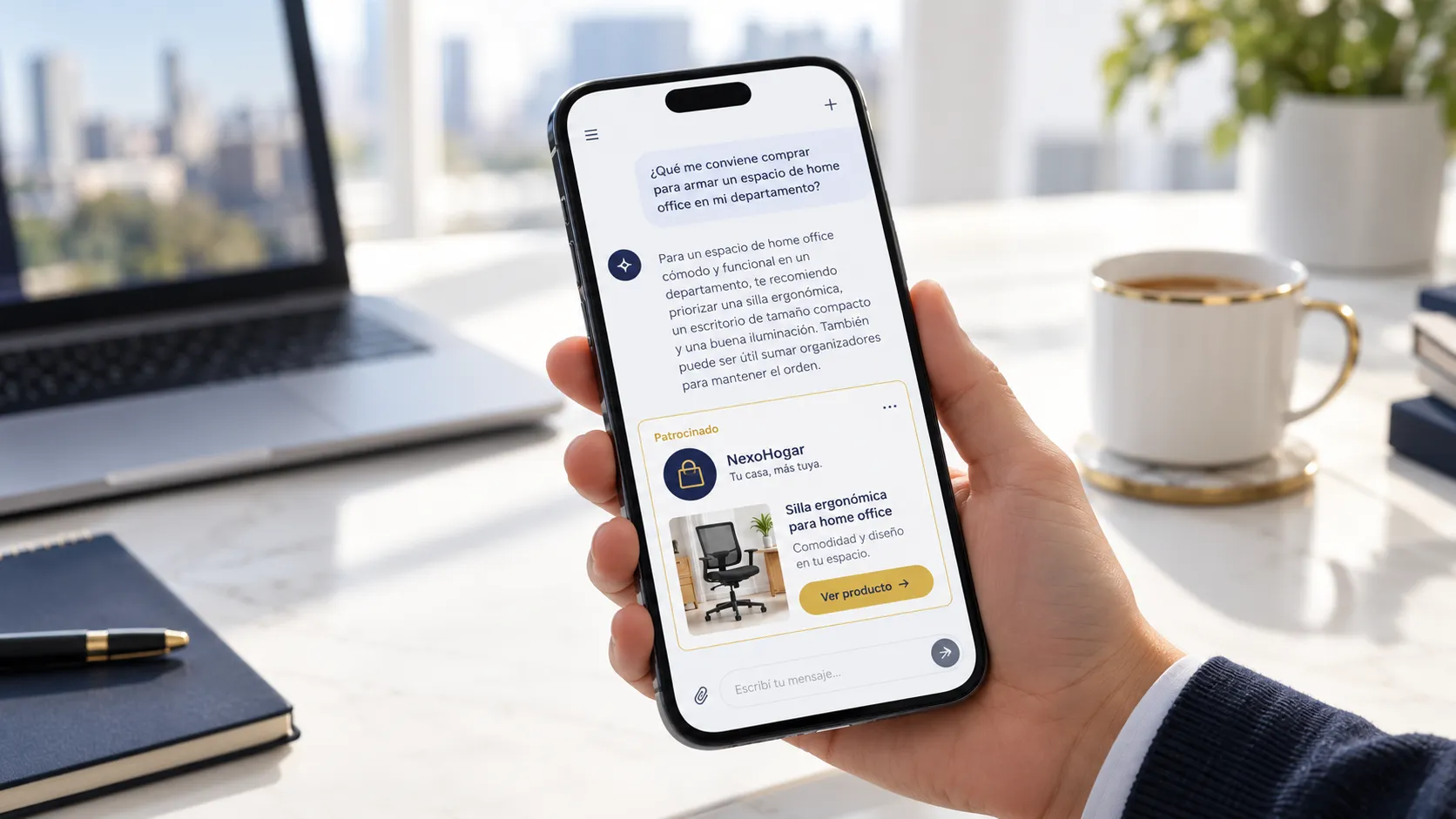Pantalla de un celular con una conversación de ChatGPT y, debajo de la respuesta, un aviso marcado como patrocinado de una tienda online argentina — publicidad en ChatGPT en Argentina, por Diego Ceredi