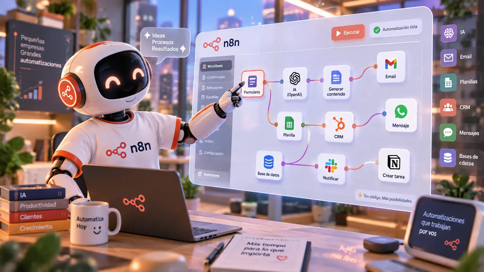 Un robot con el logo de n8n señala un workflow en el lienzo de n8n que conecta formulario, IA, planilla, CRM, base de datos, email y mensajería: automatizaciones de IA para pymes sin programar