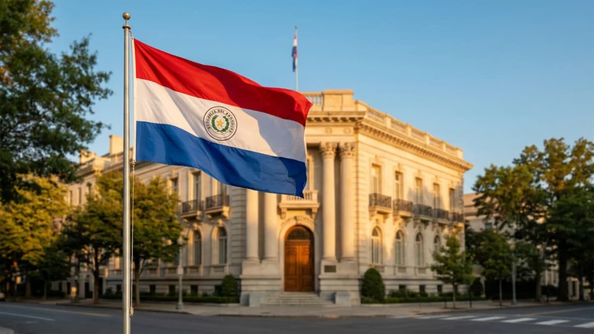 Bandera de Paraguay flameando frente a una sede diplomática, simbolizando la regulación de la inteligencia artificial en Paraguay