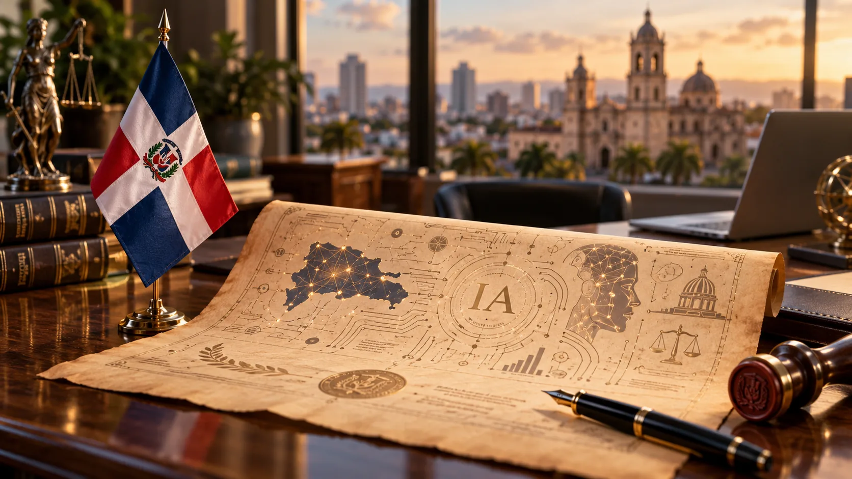 Escritorio de un despacho jurídico con la bandera de República Dominicana, una estatua de la justicia, libros de derecho y un pergamino con el mapa de la isla, la sigla IA y circuitos; de fondo, la ciudad al atardecer con una catedral colonial — por Diego Ceredi