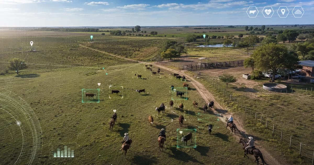 Veterinario en el campo emitiendo una receta electrónica desde el celular mientras el sistema SIGTRAZAVET registra la trazabilidad del producto veterinario — Resolución 654/2026 de SENASA