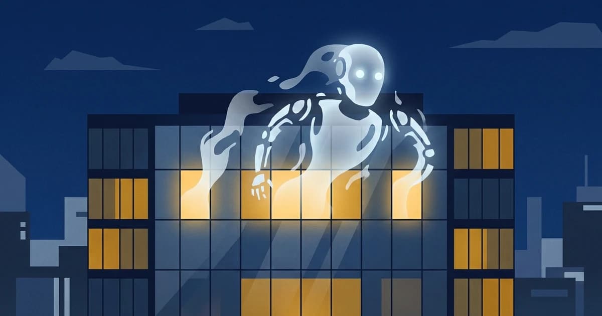 Silueta de robot fantasmal emergiendo de las ventanas iluminadas de un edificio de oficinas al anochecer — Shadow AI en pymes argentinas