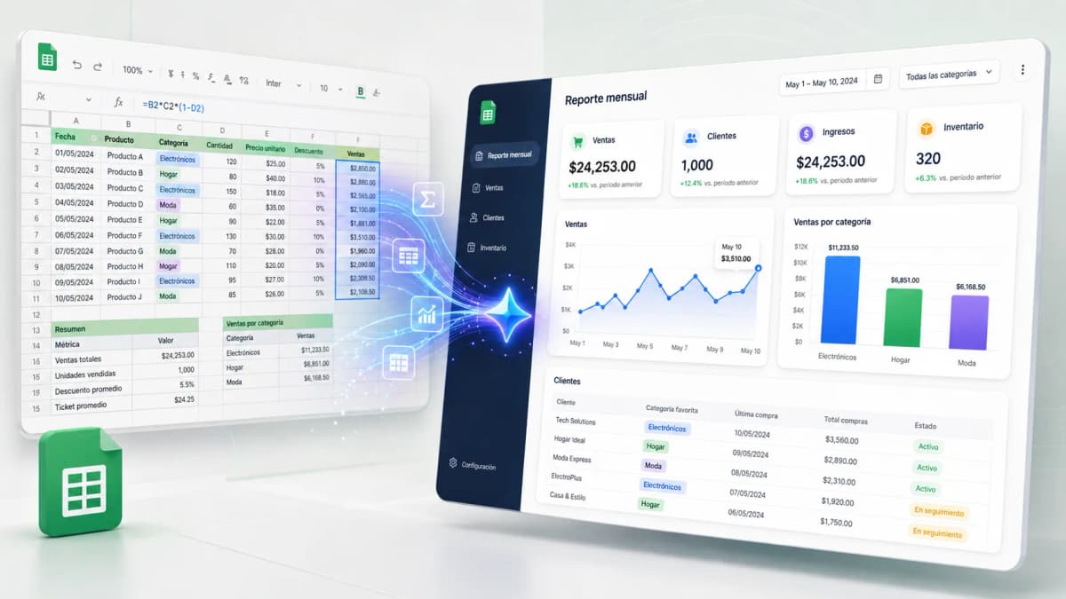 Una planilla de Google Sheets convirtiéndose en una aplicación interactiva con tableros y controles, ilustrando Sheets Canvas de Gemini para equipos de operaciones y finanzas