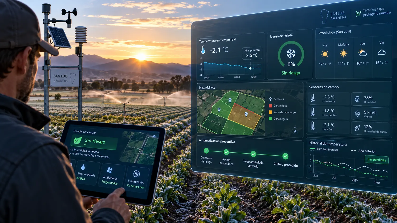 Productor en un campo de San Luis al amanecer, junto a una estación meteorológica con sensores, revisa en una tablet el panel de riesgo de helada con las medidas preventivas ya activadas por el sistema de IA