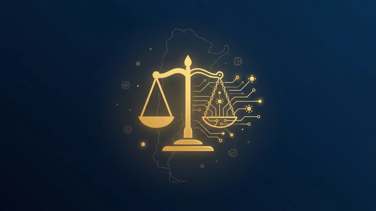 Balanza de la justicia dorada fundida con nodos de circuito sobre fondo navy y la silueta de Argentina — Sociedad Automatizada y agentes de IA en la nueva Ley de Sociedades