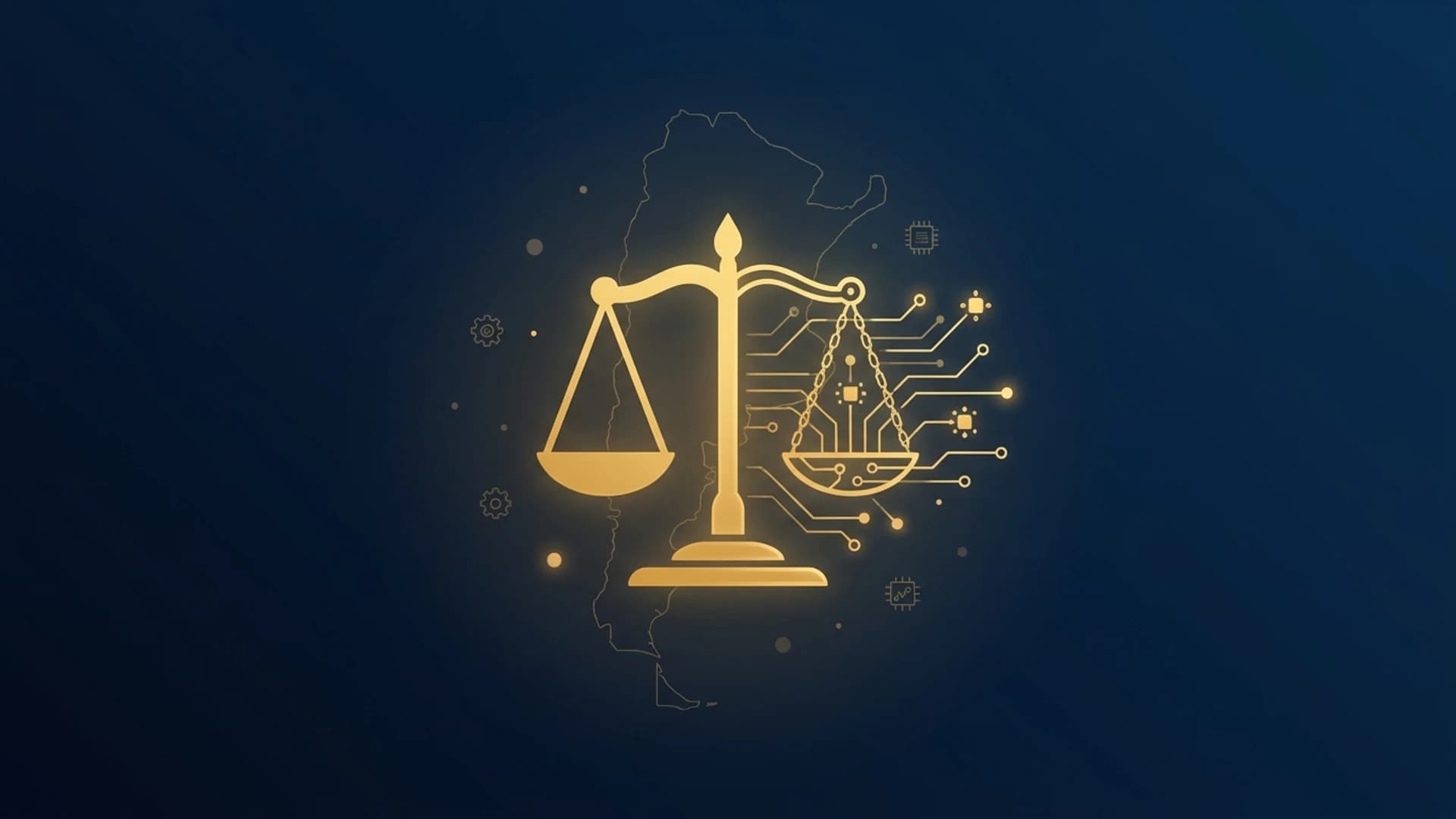Balanza de la justicia dorada fundida con nodos de circuito sobre fondo navy y la silueta de Argentina — Sociedad Automatizada y agentes de IA en la nueva Ley de Sociedades