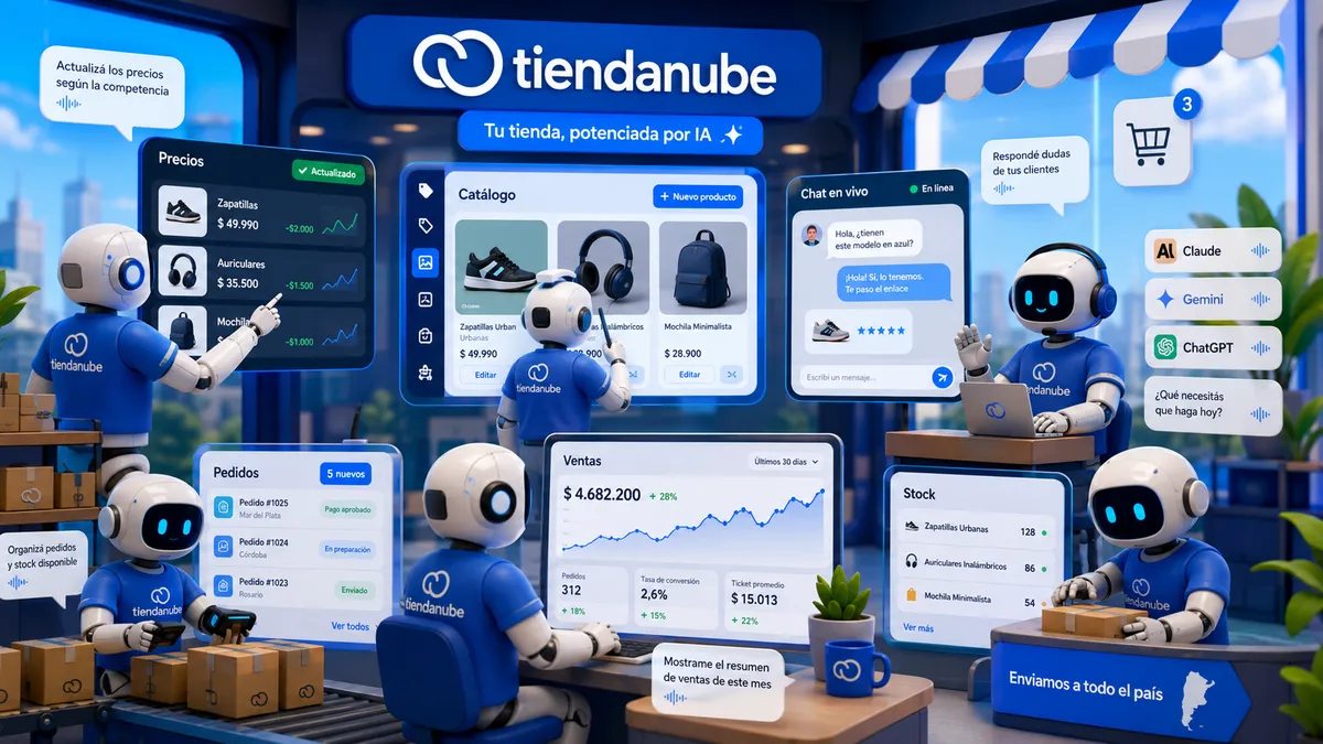Comerciante de una pyme conversando con un asistente de inteligencia artificial que muestra pedidos, catálogo y analytics de su tienda Tiendanube, ilustrando el conector Admin MCP con Claude, Gemini y ChatGPT