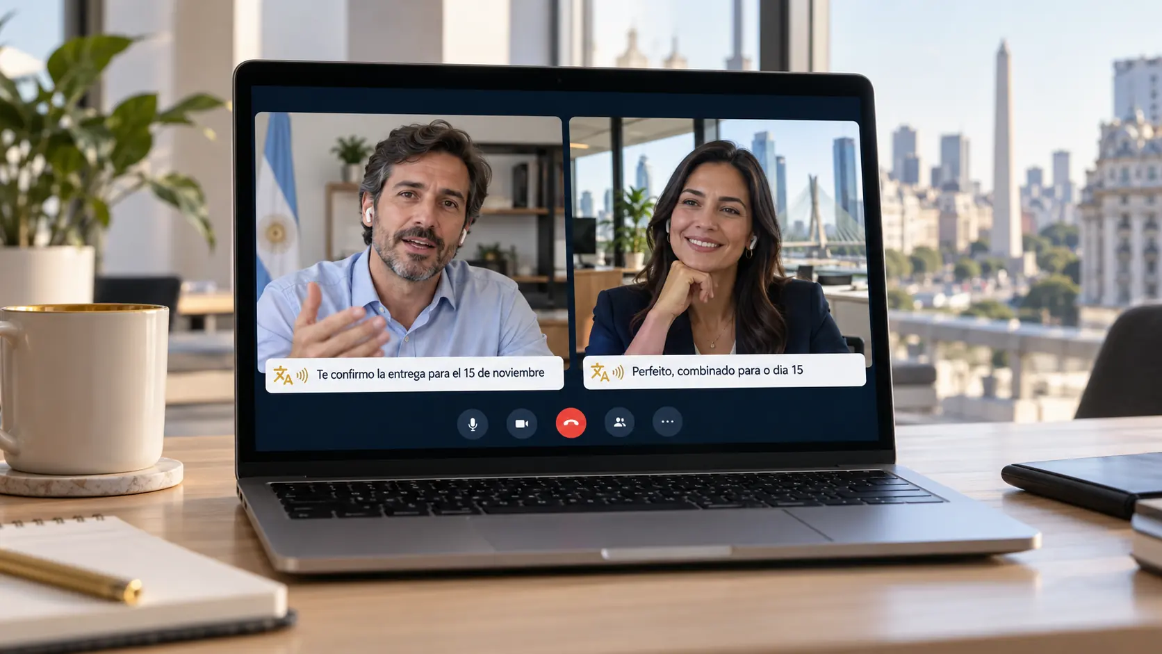 Reunión de Google Meet entre un equipo de Buenos Aires y una clienta de São Paulo, con la traducción de voz activada y subtítulos en español y portugués — por Diego Ceredi