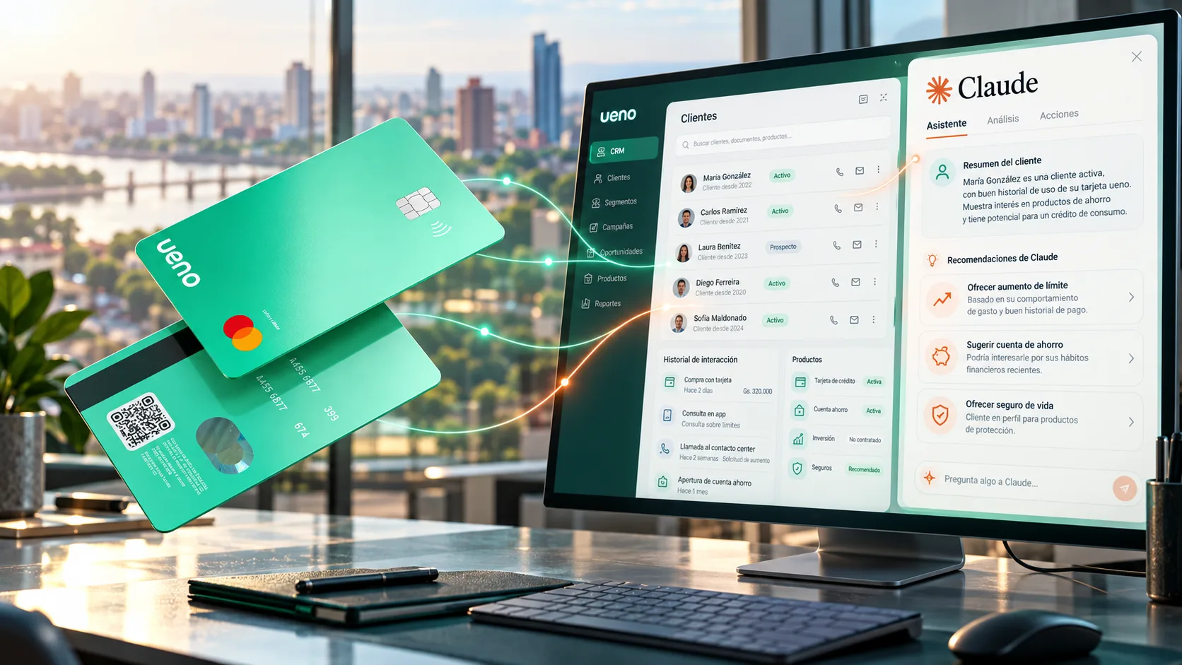 Oficial de cuentas de un banco paraguayo que consulta en su pantalla la ficha de un cliente en el CRM, resumida por un asistente de inteligencia artificial