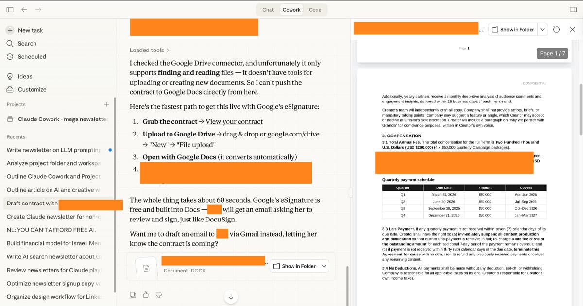 Claude analizando un contrato extenso en Project configurado