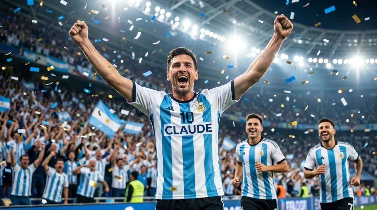 Un jugador con la camiseta de la Selección Argentina y el sponsor Claude festejando un gol con sus compañeros — portada de empresas argentinas que usan Claude