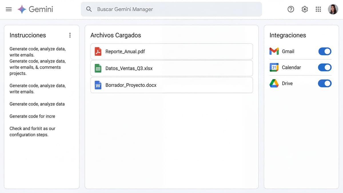 Gem Manager de Gemini con instrucciones, knowledge e integraciones nativas