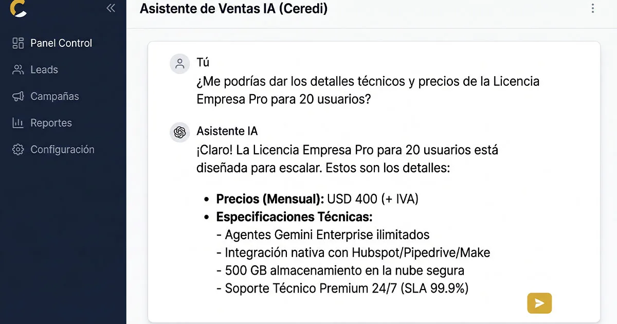 Gem de ventas en Gemini respondiendo una consulta técnica sobre producto