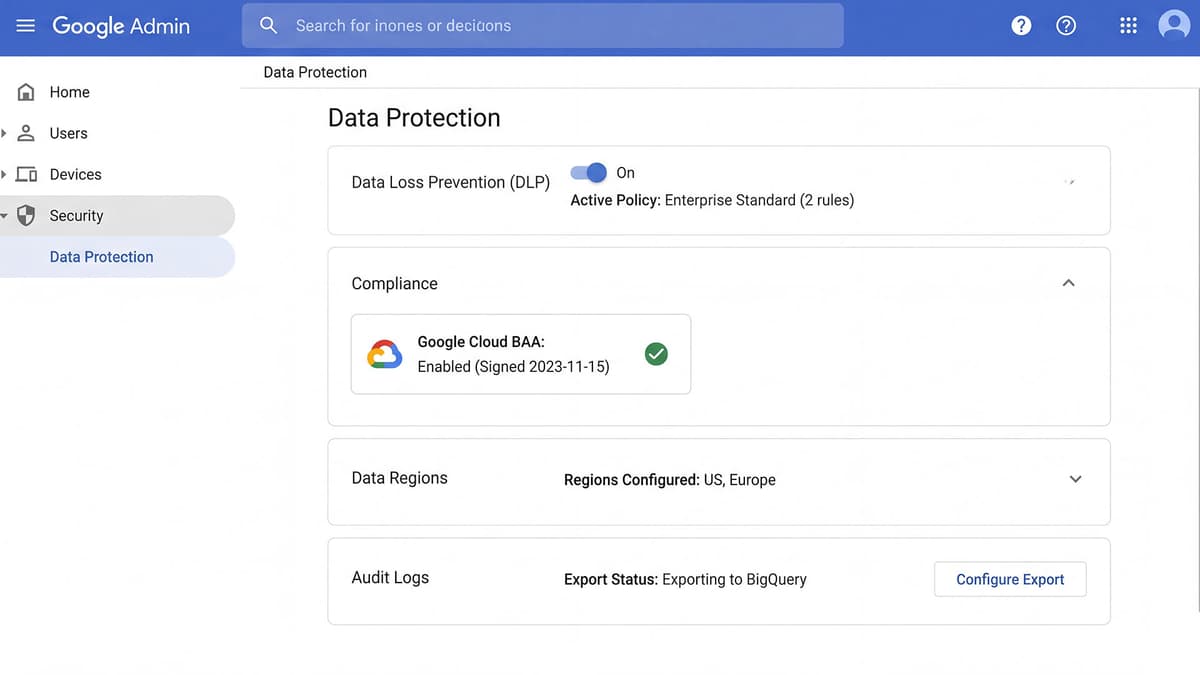 Google Admin Console con controles de seguridad DLP, BAA, regiones y audit logs para Gemini