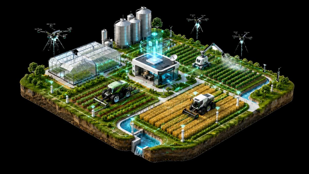 Operación agropecuaria conectada con IA: silos, invernadero, drones, riego y cosecha automatizada en una vista isométrica