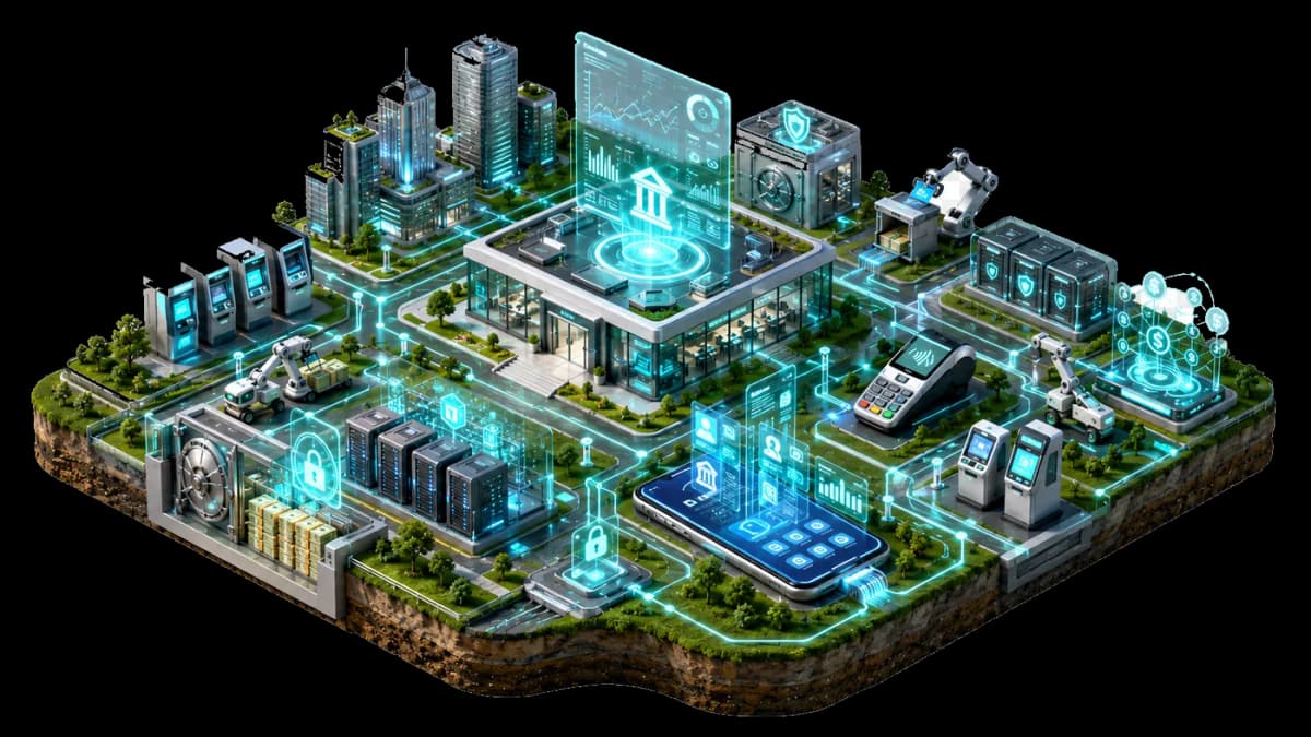Ecosistema bancario y fintech conectado con IA: sucursal, cajeros, bóveda, terminal de pago y app móvil en vista isométrica