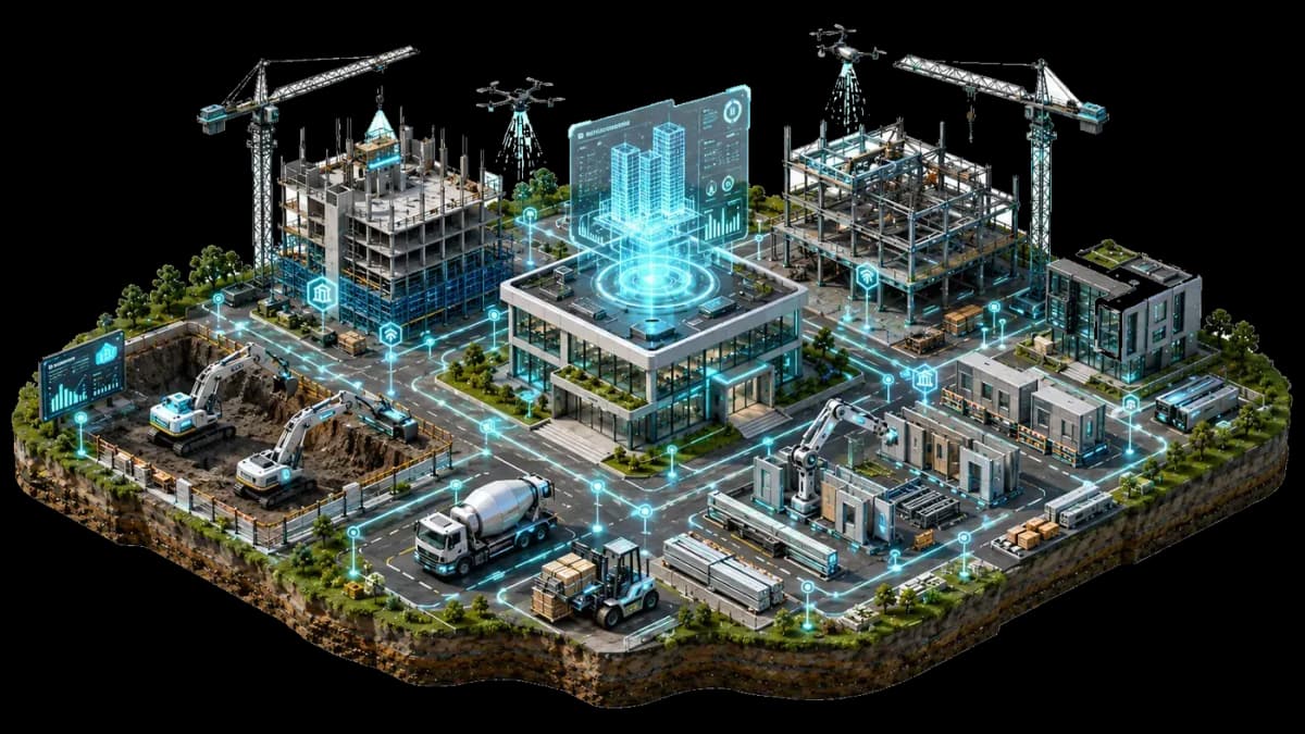 Obra en construcción conectada con IA: grúas, estructura, gemelo digital BIM, excavadoras y logística de materiales en vista isométrica