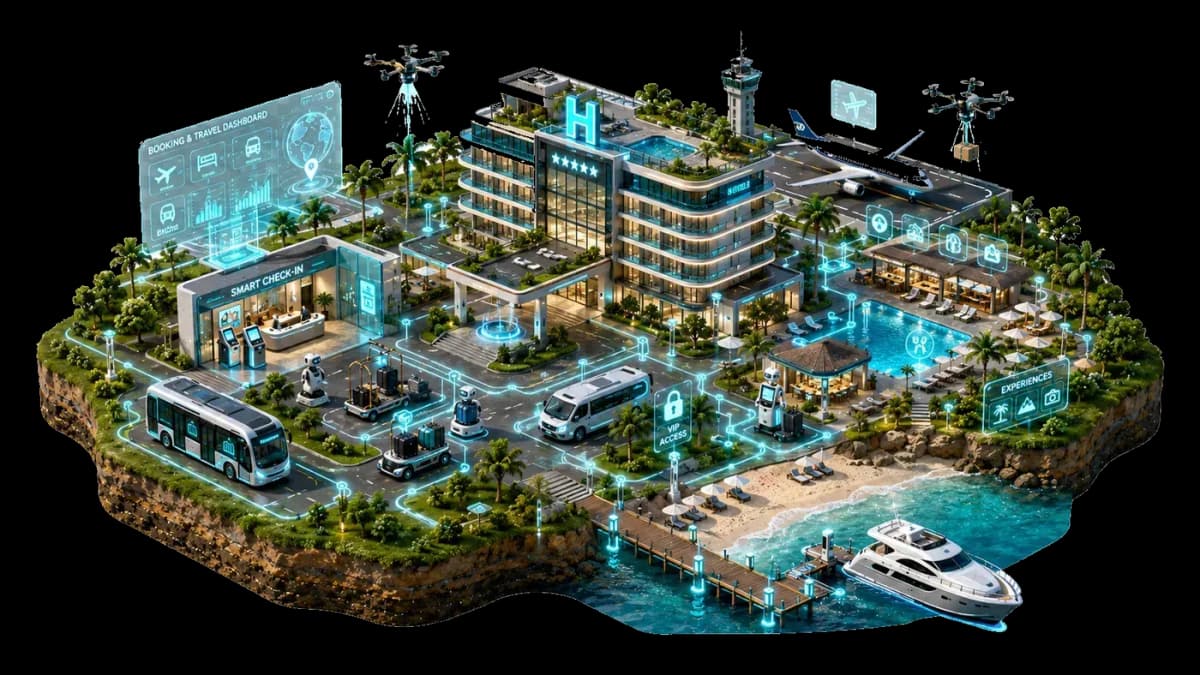 Complejo hotelero y turístico conectado con IA: hotel, check-in inteligente, piscina, playa y transporte en vista isométrica