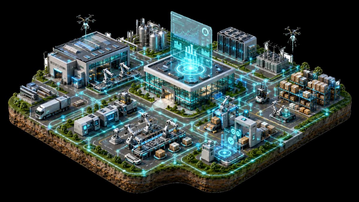 Fábrica inteligente conectada con IA: línea de montaje con brazos robóticos, depósito, tablero de producción y logística interna en vista isométrica