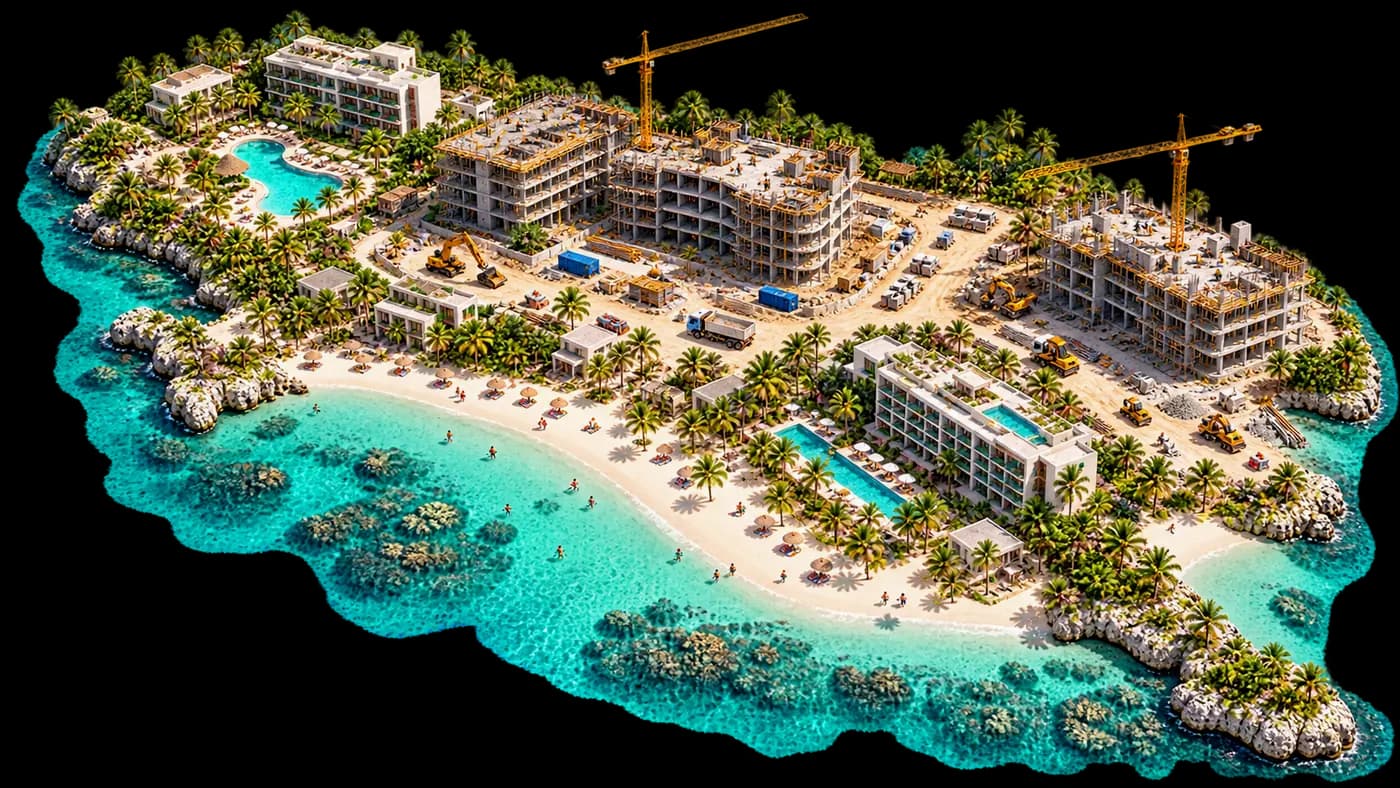 Desarrollo inmobiliario frente al mar en Punta Cana en vista isométrica: torres de condominios en construcción con grúas, residenciales terminados con piscina, playa de arena blanca y arrecifes