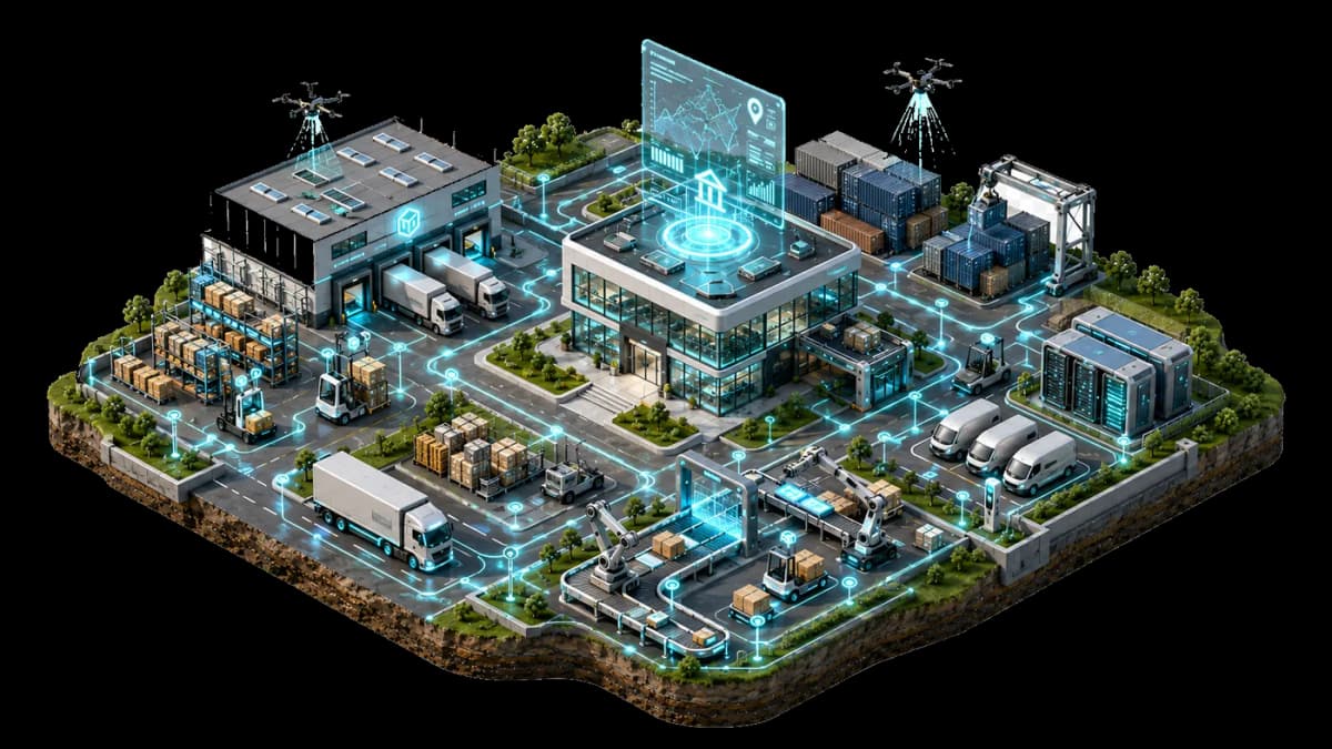 Centro logístico conectado con IA: depósito, camiones, containers, cintas transportadoras y mapa de rutas en vista isométrica