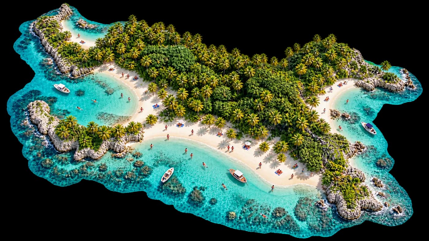 Costa caribeña de Punta Cana en vista isométrica: playas de arena blanca, palmeras, arrecifes y lanchas en aguas turquesa