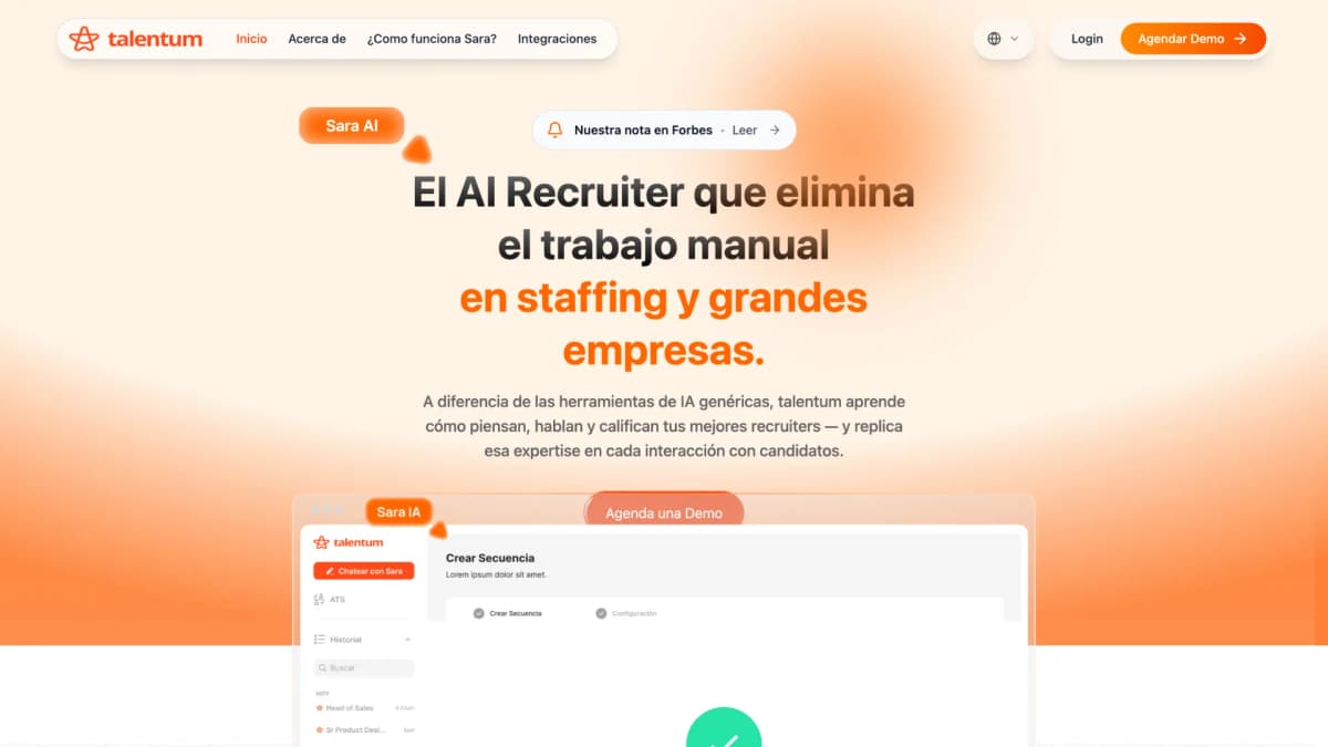 Landing de Talentum con su agente de IA Sara: "El AI Recruiter que elimina el trabajo manual en staffing y grandes empresas"