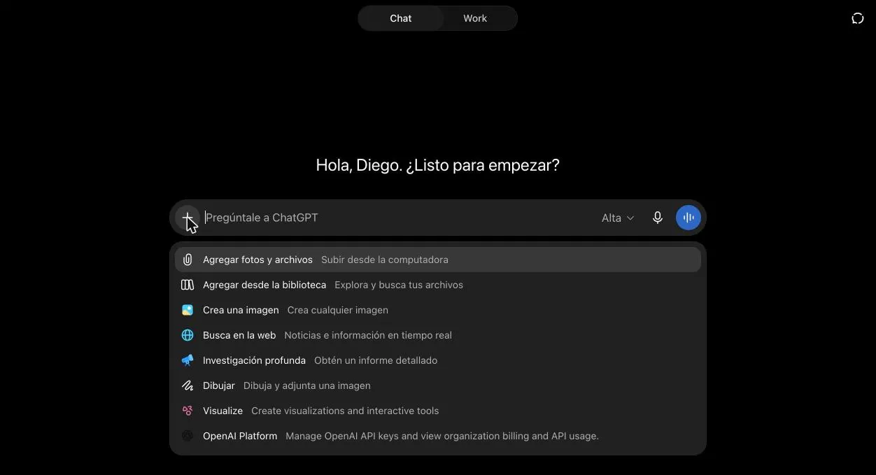 Menú del botón "+" de ChatGPT desplegado, con las opciones Agregar fotos y archivos, Agregar desde la biblioteca, Crea una imagen, Busca en la web, Investigación profunda, Dibujar y Visualize.