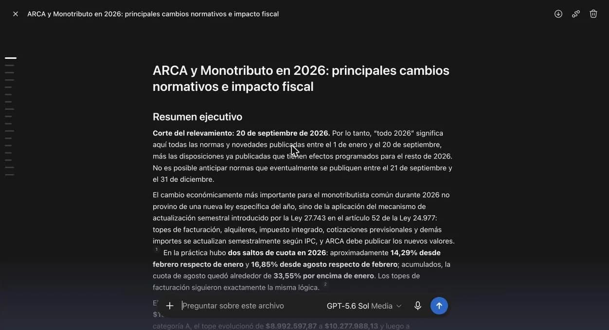Informe final de investigación profunda titulado "ARCA y Monotributo en 2026: principales cambios normativos e impacto fiscal", con resumen ejecutivo, cifras y fuentes numeradas.